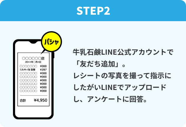 STEP2：牛乳石鹸LINE公式アカウントで「友だち追加」。レシートの写真を撮って指示にしたがいLINEでアップロードしアンケートに回答。